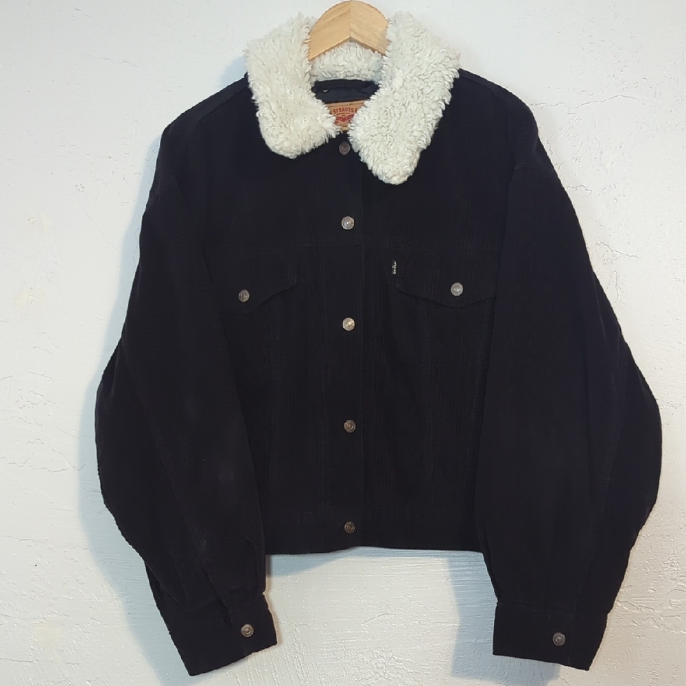 Levis Womens Black Corduroy Fur Trim Utility Jacket 90s Outdoors Fall Winter